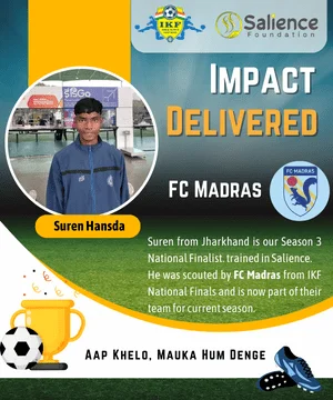 Suren from Jharkhand is our Season 3 National Finalist. trained in Salience. He was scouted by FC Madras from IKF National Finals and is now part of their team for current season.